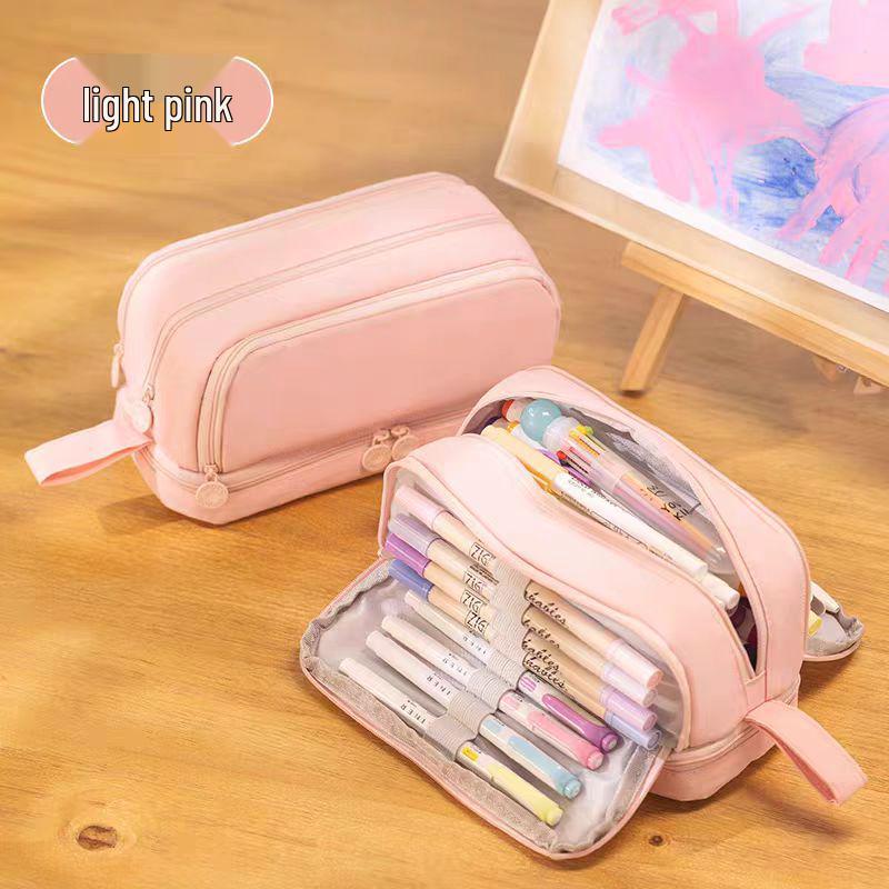 Double-Layer Stain-Resistant Pencil Case: Large-Capacity, Solid-Color Storage Bag for Students