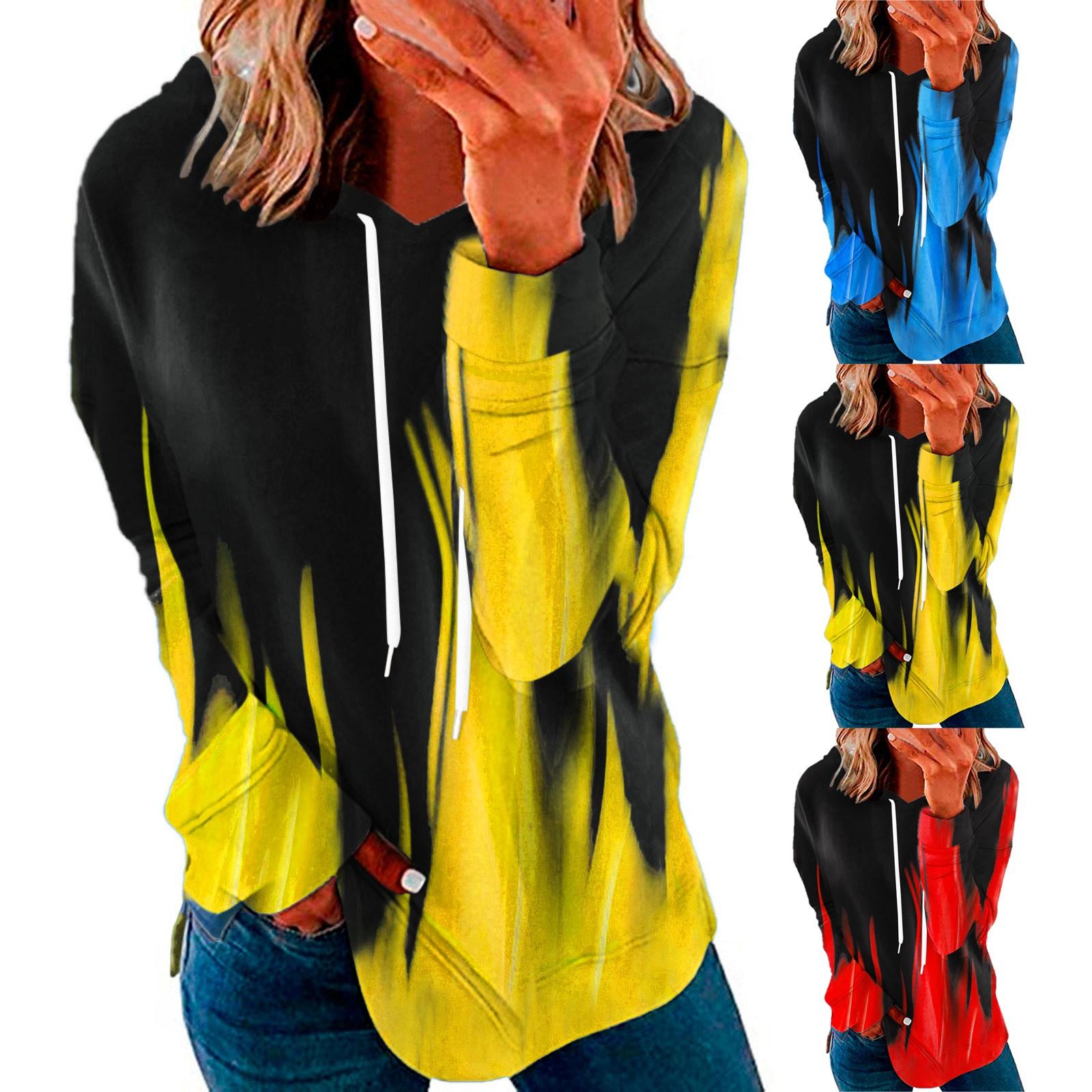 

Мода Дамы V-образный вырез Длинный рукав Градиент Изменение цвета Пламя Свободная футболка