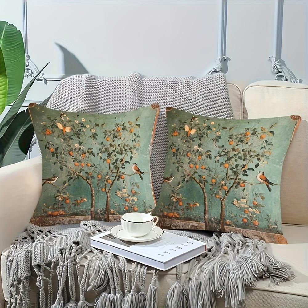 pc Vintage Orange Tree Bird Print Pillow Cover D DoubleSided Polyester Cushion Case Teal Botanical Decor Pillowcase Gift f