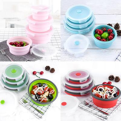 4pc Round Silicone Folding Lunch Box Set Microwave Folding Bowl Portable Folding Food Container Box Salad Snack Bowl with Lid