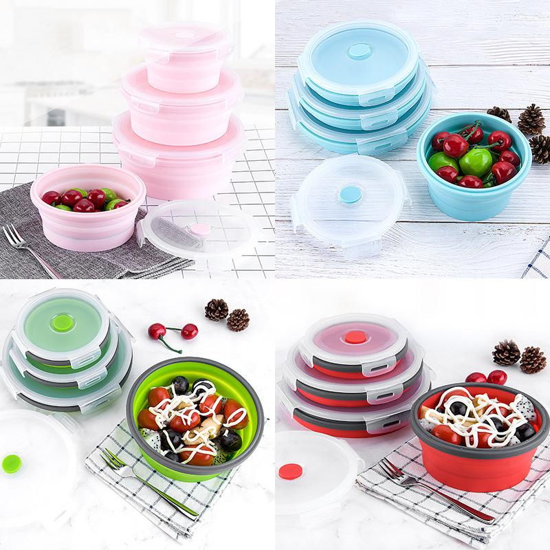 4pc Round Silicone Folding Lunch Box Set Microwave Folding Bowl Portable Folding Food Container Box Salad Snack Bowl with Lid