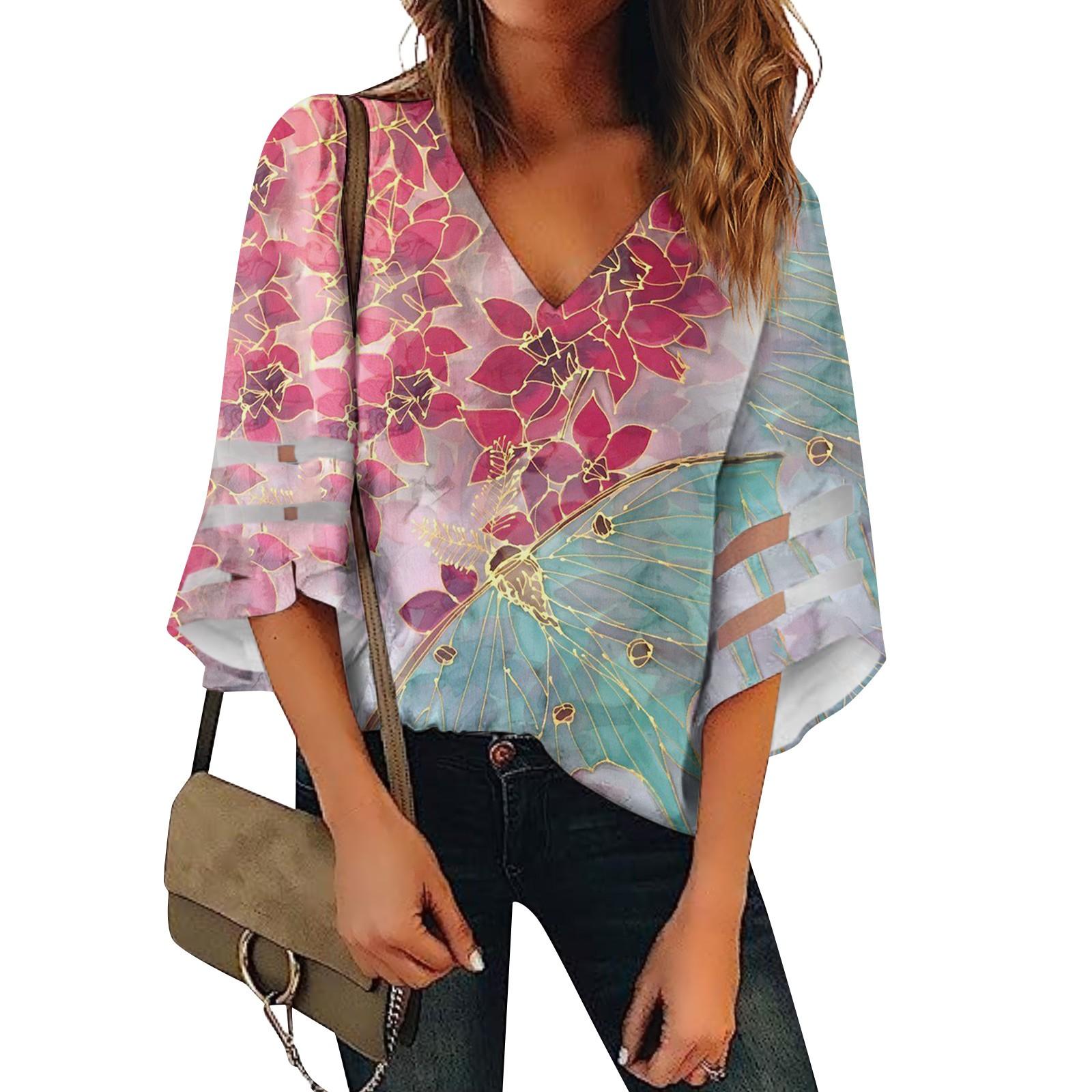 

Women s Shirt Blouse Casual Loose Shirts Lace 3/4 Sleeve Trims Print V Neck Tops Print Tops T-shirts Tee S рожевий