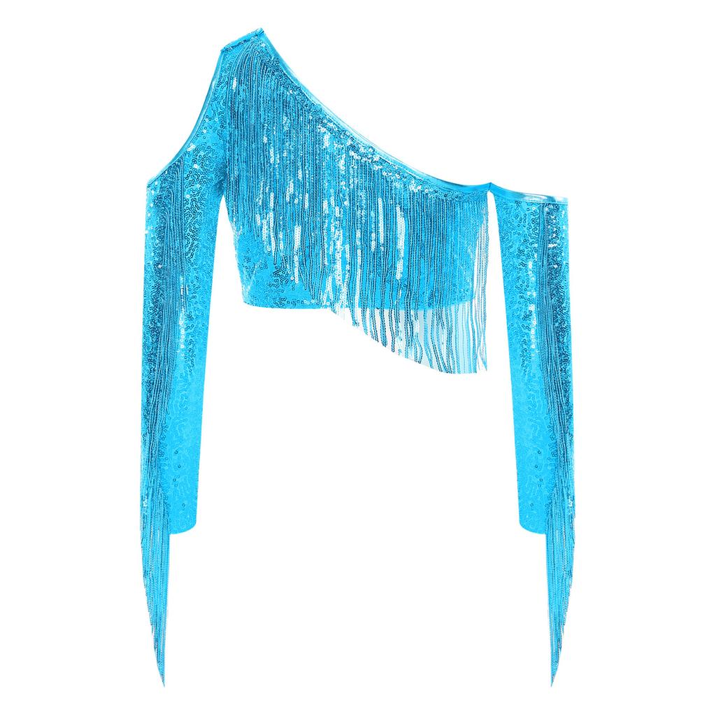 Mädchen Performance Top Ein Schulter Langarm Pailletten Quasten Detail Schönheitswettbewerb Bühne Wettbewerb Crop Top