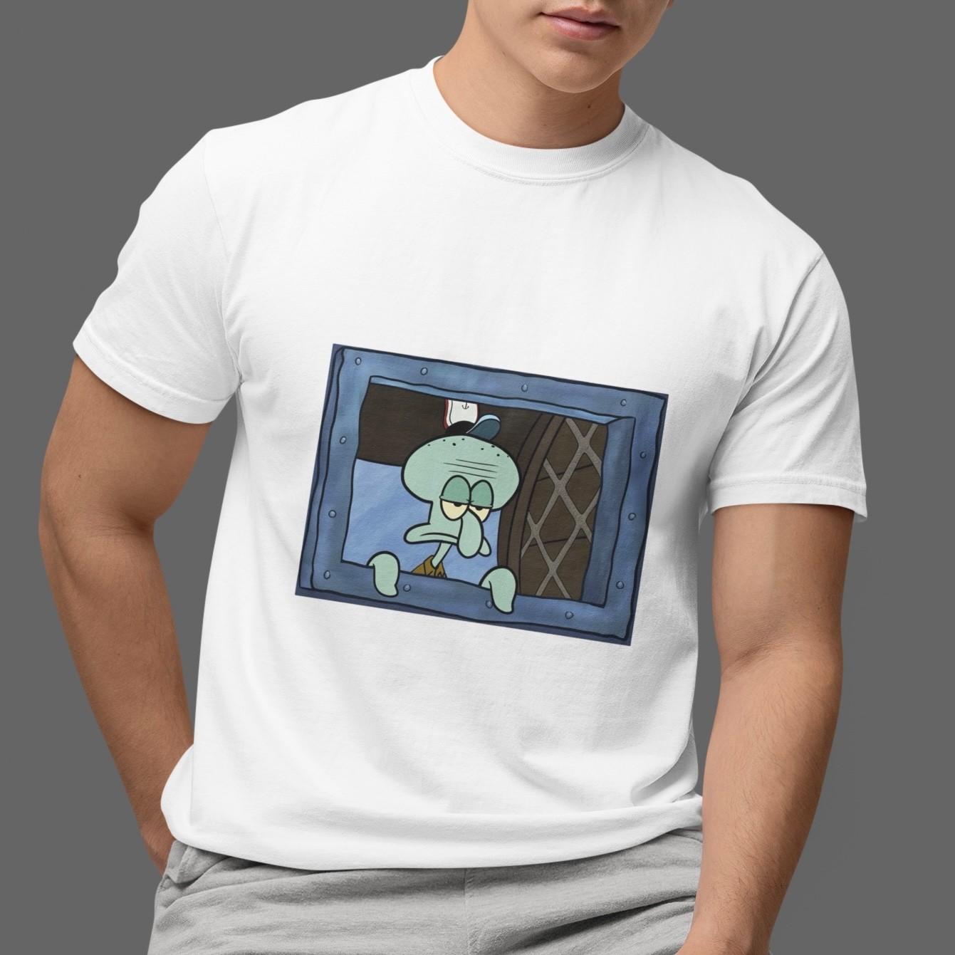 Squidward Window T-Shirt Funny Meme Cartoon Graphic Tee Sad Mood Spongebob Tee S