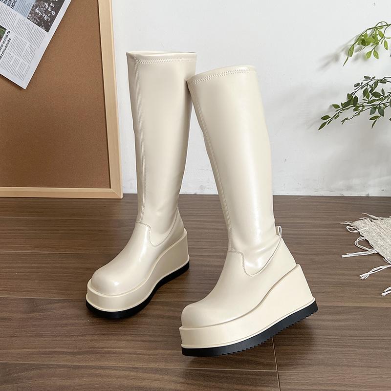 

Панк Стиль Платформа Клиновидный Каблук Женские Сапоги до Колена Мода Слипоны Увеличение Роста Женские Ботильоны Рыцаря 35 бежевый