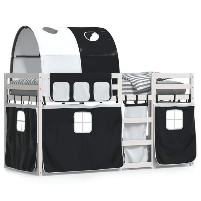VidaXL Lit superposé avec rideaux blanc/noir 90x190 cm bois pin massif, lit, cadre de lit, lit superposé bas, meuble de 3284030