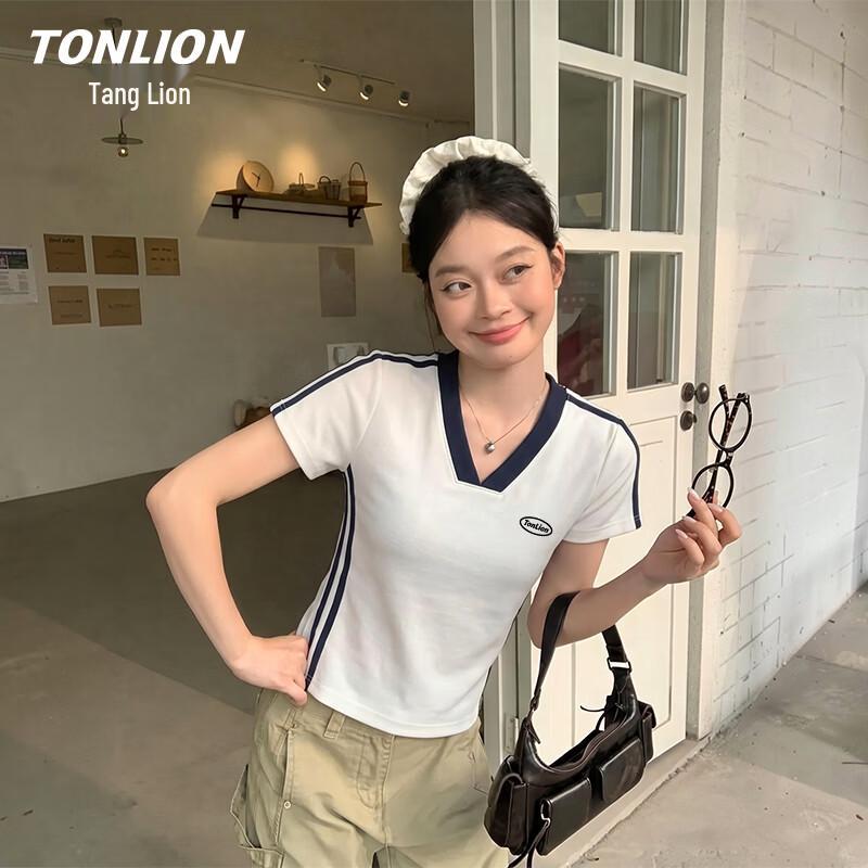 TonLion Women s V-Neck Contrast Short Sleeve T-Shirt S