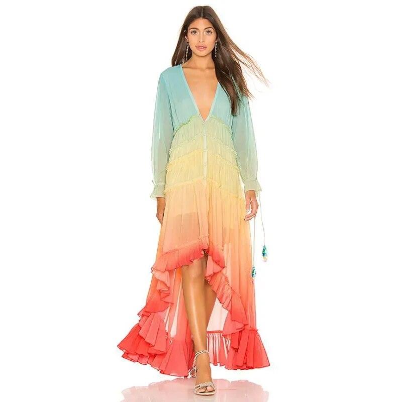 Frauen Sommer Bohemian Kleid Druck Farbverlauf Elegante Maxi Kleid Patchwork Regenbogen Farbe Party Kleid Rüschen Süße Vestidos