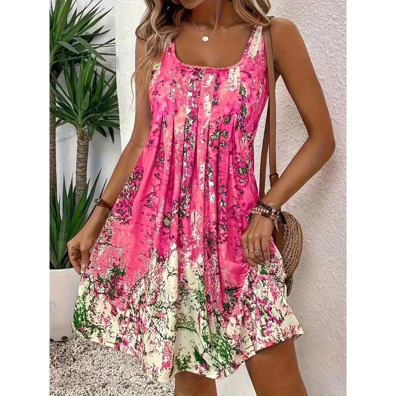 GMXIA Women's Fashion Summer Spring U-Neck Sleeveless Solid Color Print Casual Dresses