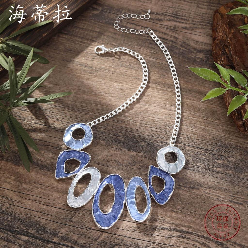 New Color Painting Oil Hollow Oval Geometric Necklace Personality Exaggerated Women's High Sense Irregular Neck Chain