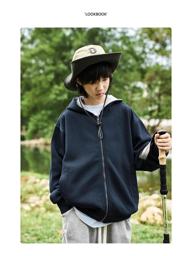 Męska bluza z kapturem i zamkiem, kardigan, niebiesko-szara - Rozmiar od M do L