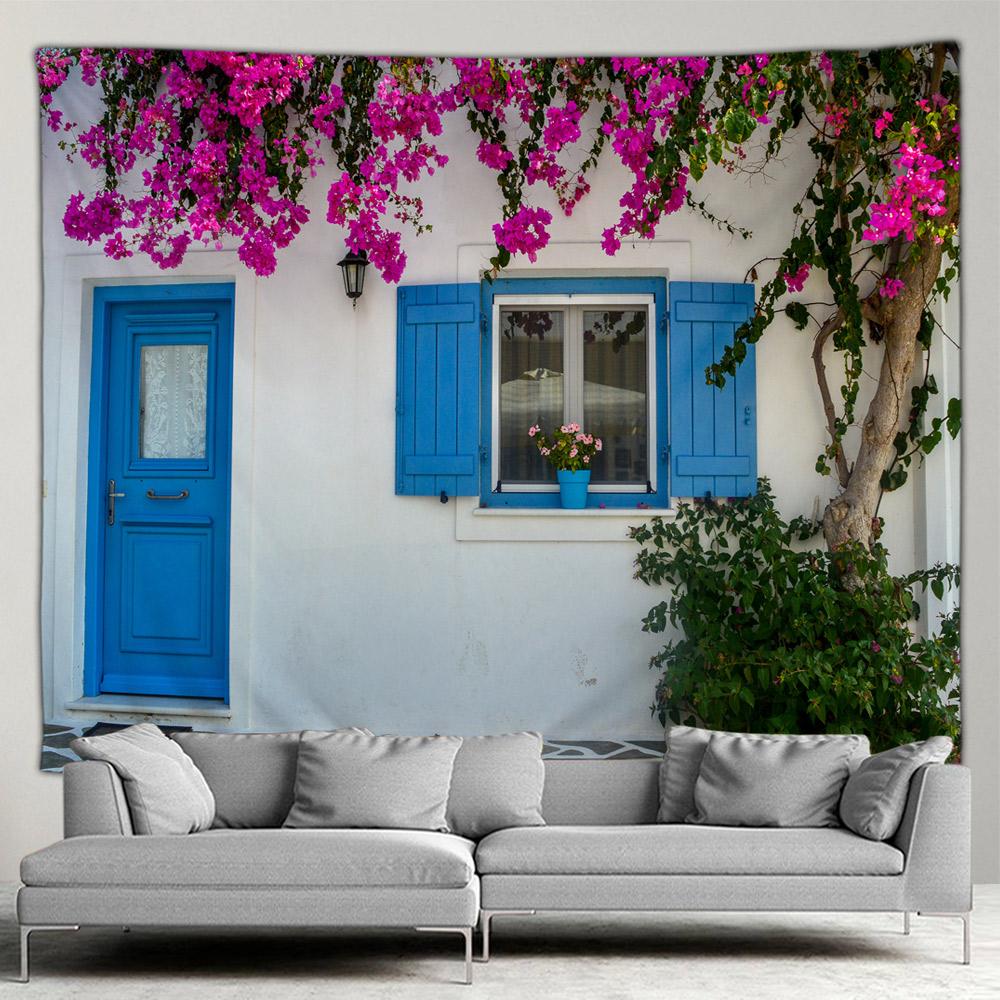 Griechenland Stadt Hippie Wandteppich Frühlingsblumen Straße Wandteppich Haus Hof Terrasse Wandbehang Kunst Wohnzimmer Wandmalerei Wandteppich