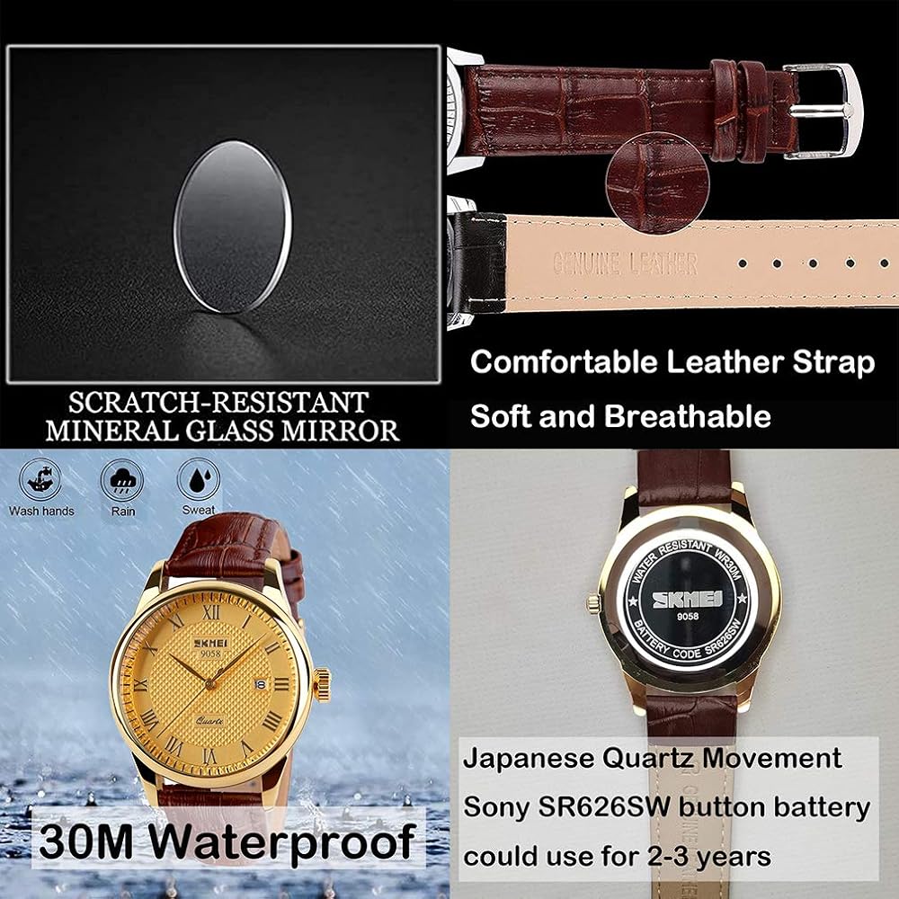 Men's Classic Analog Quartz Watch Gold Brown Leather Band Waterproof Casual Date Display