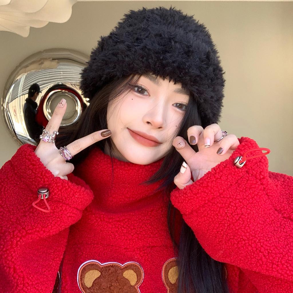 Imitation Fur White Plush Hat for Women with Winter Cute Wool Knitted Hat for Women with Warm Ear Protection Cold Hat