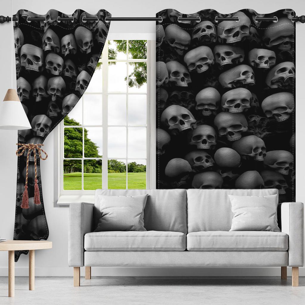 2pcs/set Skeleton Skull Black Window Curtain Horror Halloween Haunted House Home Bedroom Decor Blackout Polyester Fabric Curtain