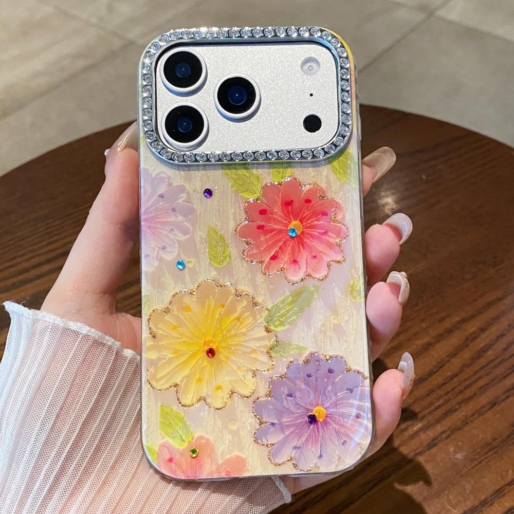 Sparkling Rhinestone Floral IMD Pattern Soft Case For iPhone 17 Pro Max 16 15 14 13 Vibrant Floral Design Shockproof Funda Cover