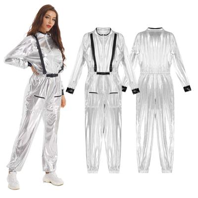 Womens Astronaut Role Play Outfit Halloween Costume Metallic Shiny Mock Neck Long Sleeve Jumpsuits Zipper Bodysuit