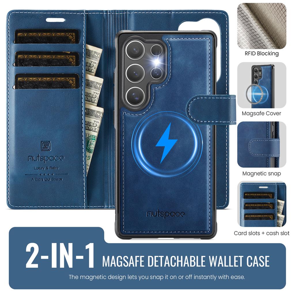 2-in-1 Magnetic Detachable Wallet Case for Samsung Galaxy S24/S24 Plus/S24 Ultra - PU Leather, Card Slots, Wireless Charging, 360° Protection
