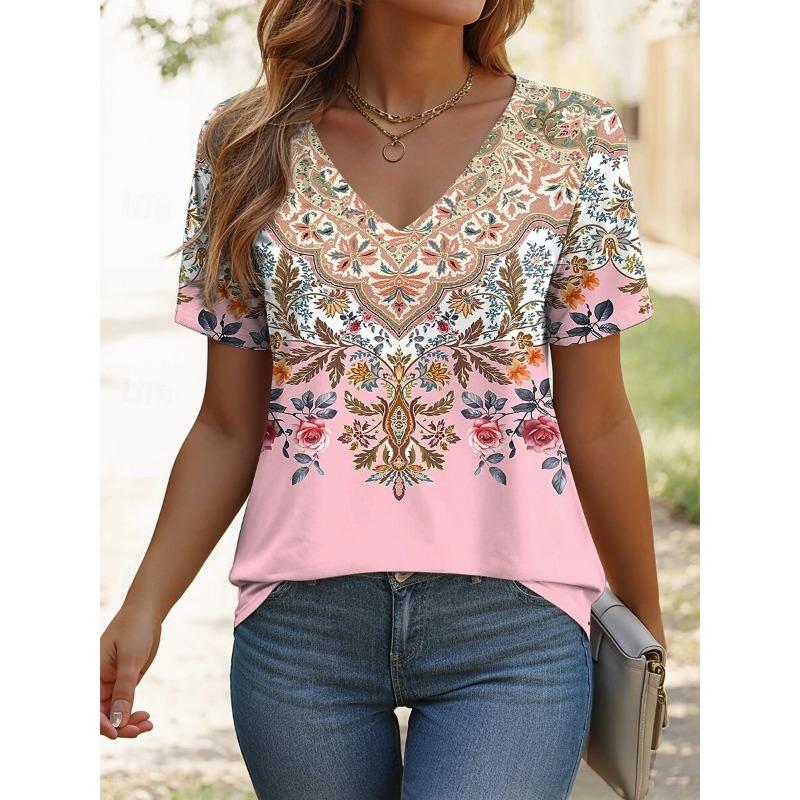Women's T-Shirt Floral Pattern Printing Paisley Bohemian Style Retro Fashion Tees V-Neck Oversized Ladies Summer Clothing