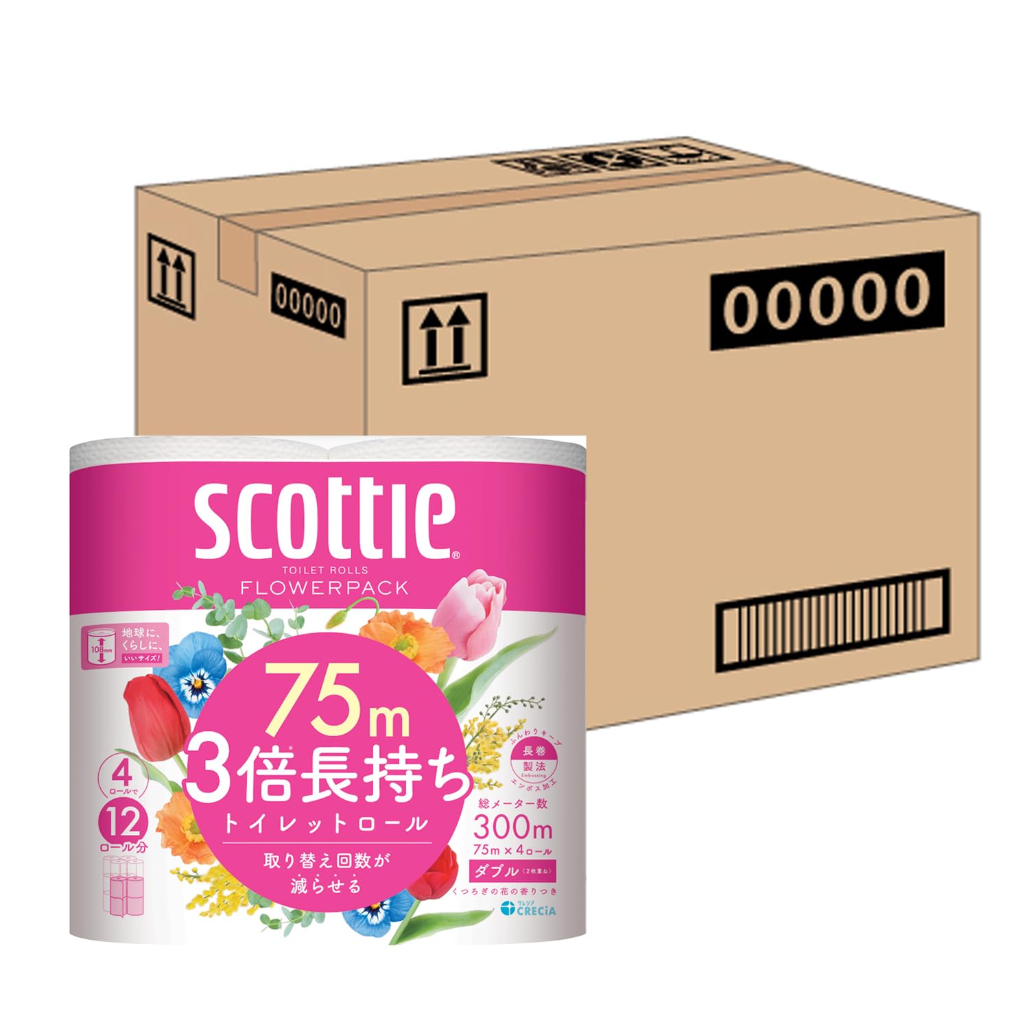 Scottie Flower Pack Toilet Double 3x Longer 48 Rolls Paper, Ply, Lasting, 75m, (Case) белый
