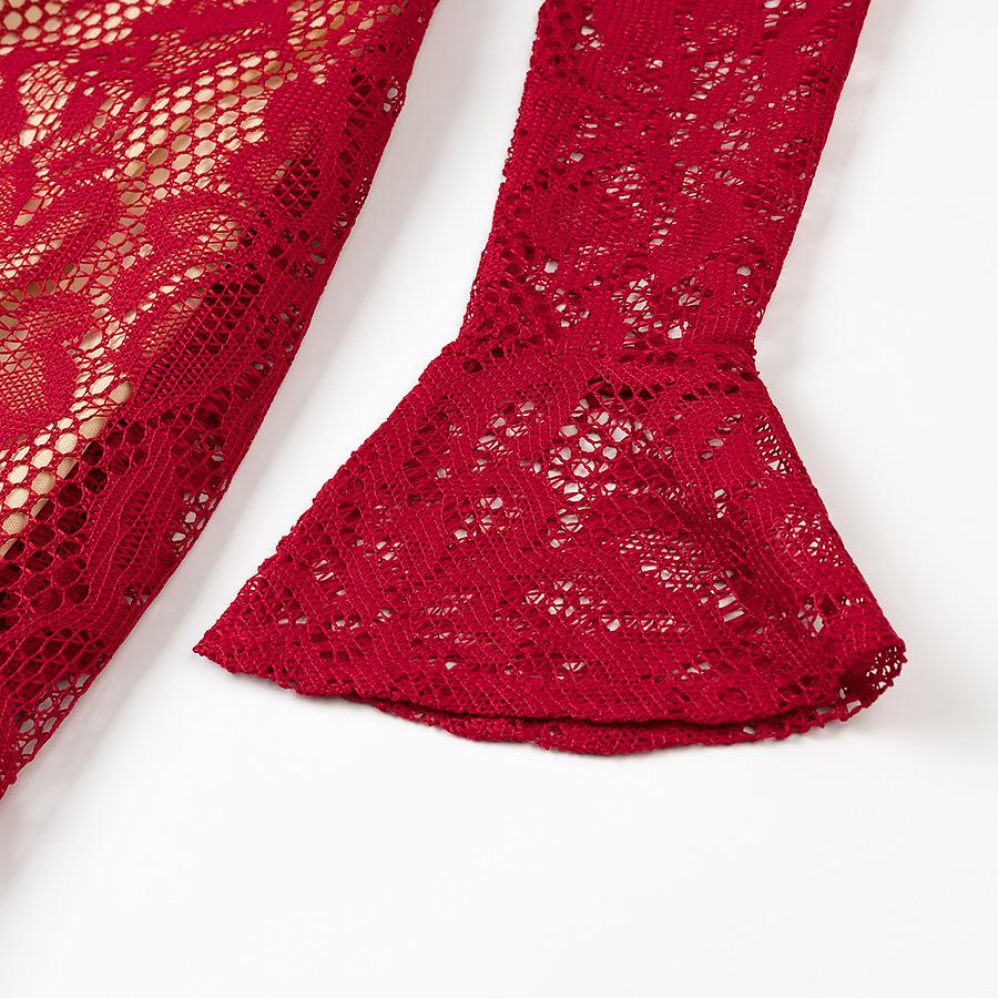 European & American Sexy Women's Long Sleeve Lace Hollow Out Slim Fit Cheongsam Dress