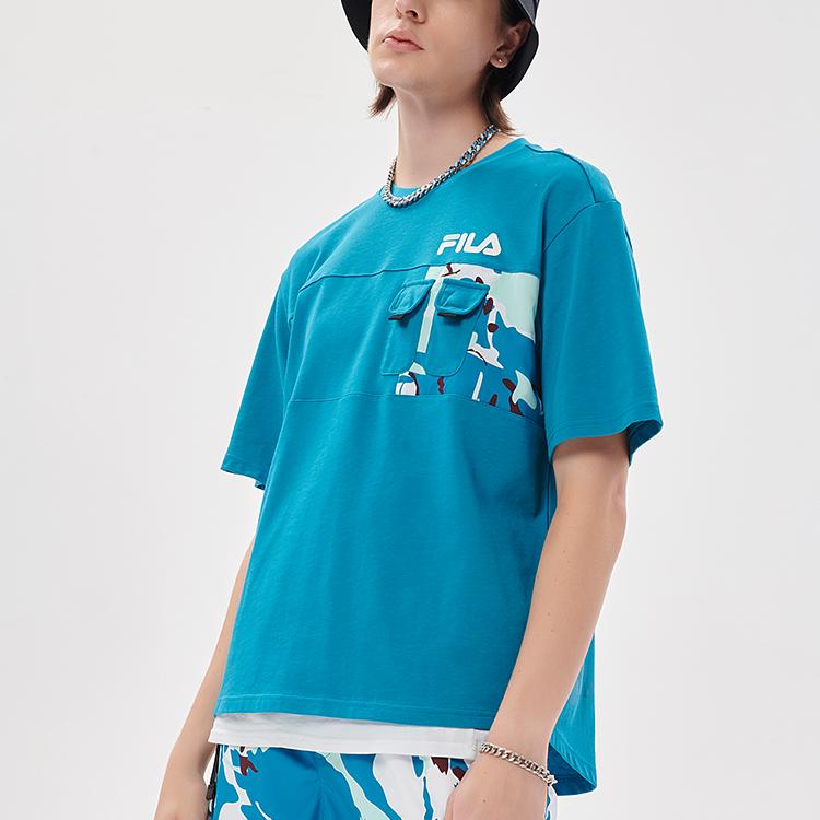 Fila Fusion Brand Logo Pocket Splicing Printed Loose Street Sports Casual Breathable Round Neck Short Sleeve Drop Shoulder T-Shirt T11M133107F-BU