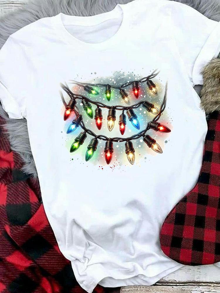 (Asian Size) Women Holiday Print Tee Top festival Merry Christmas New Year letter sweet 90s Casual  Lady Short Sleeve Fashion Graphic T-shirts