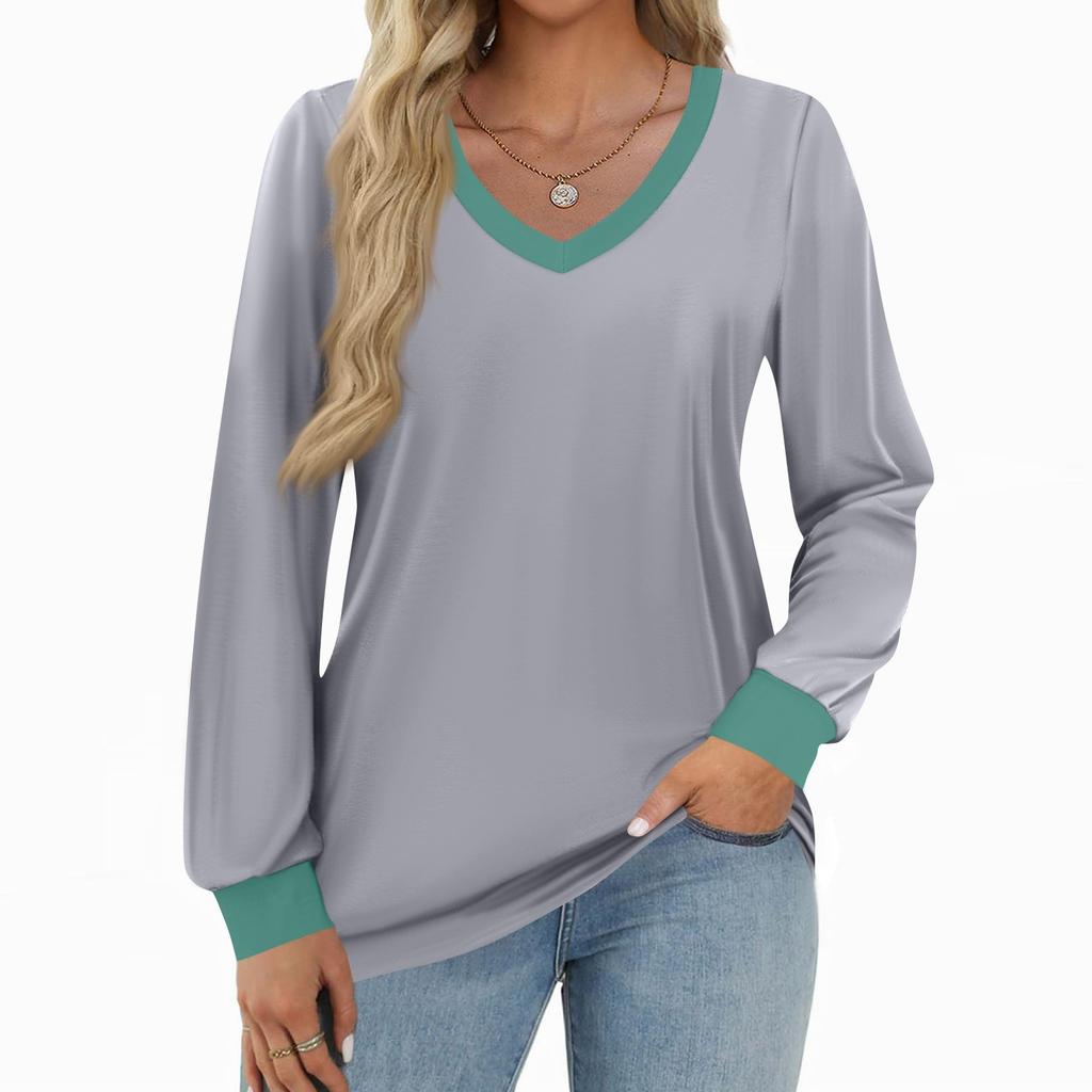 Women's Fashion Casual Long Sleeve Color Block Shirt Women's V-Neck Tops