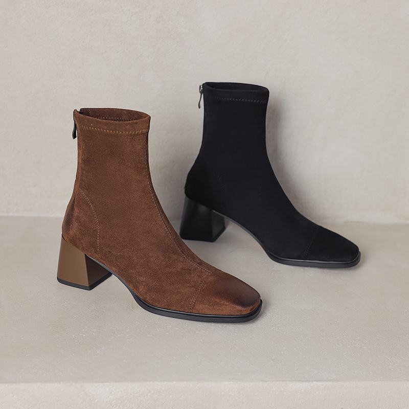 Krazing Pot Microfiber Flock Square Toe Winter Thick High Heels Fashion Boots Women Size 42 Elegant Patch Work Ankle Boots