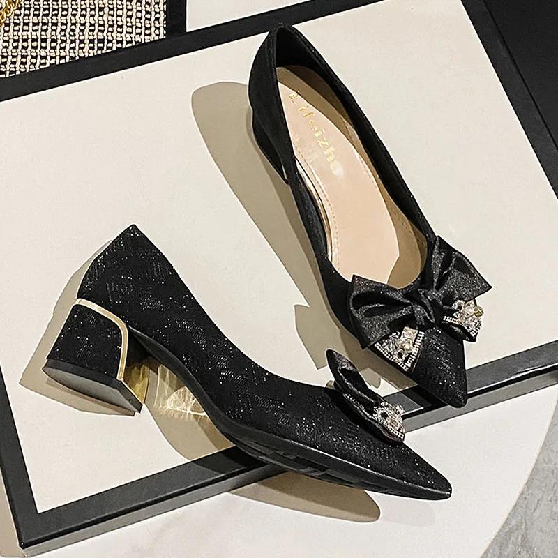 New Women Fashion Pumps Girl Sexy Pointed Toe High Heels Shoes Elegant Rhinestone Bowknot Wedding Shoes 35-43