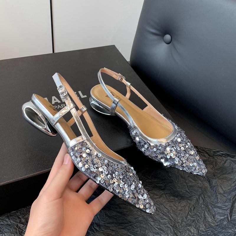 Fashion 2024 Women's New Nightclub Pointed Shining Metal Elastic Buckle Leather Cowhide Comfortable Low Heel Large Headed Muller Sandals