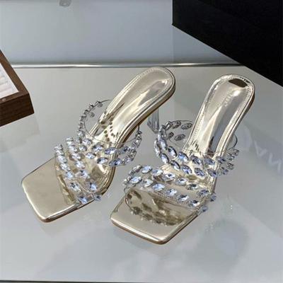 Mode PVC Transparent Schmalband Damen Hausschuhe Luxus Strass Pantoletten Absatzsandalen Sommer Kristall Hohe Absätze Sandalias Mujer