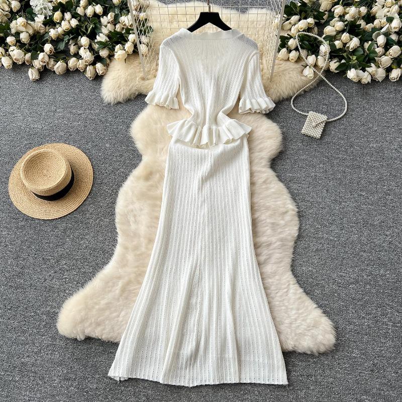 Retro Strickpullover Rüschen Sexy Einreihig Elegant A-Linie Langes Maxi Abend Party Kleid Damenmode Sommerkleidung