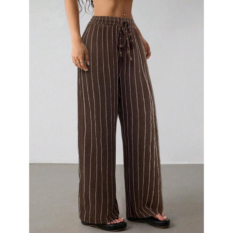 Women's Vertical Striped Drawstring Elastic Waist Loose Wide Leg Long Pants Casual Trousers