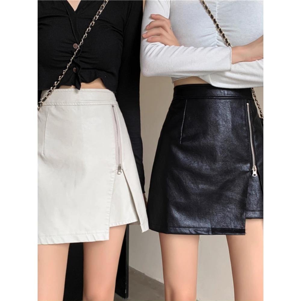 Women's High Waist A‑Line Mini Skirt Irregular PU Mini Skirt Side Zipper Casual Bottoms