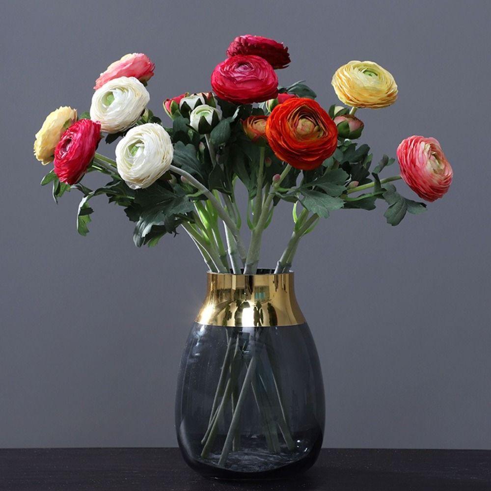 Plastic Material Artificial Flower 2 Head Design Realistic Texture Artificial Ranunculus Asiaticus Silk Fabric Faux Bloom