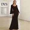 Long Dress Bell Sleeves Women Evening Sequin A-line Slim Fit Low-cut V Formal Occasion Gown Neck Maxi Mid Waist Back Zipper Closure Prom Slim-fit