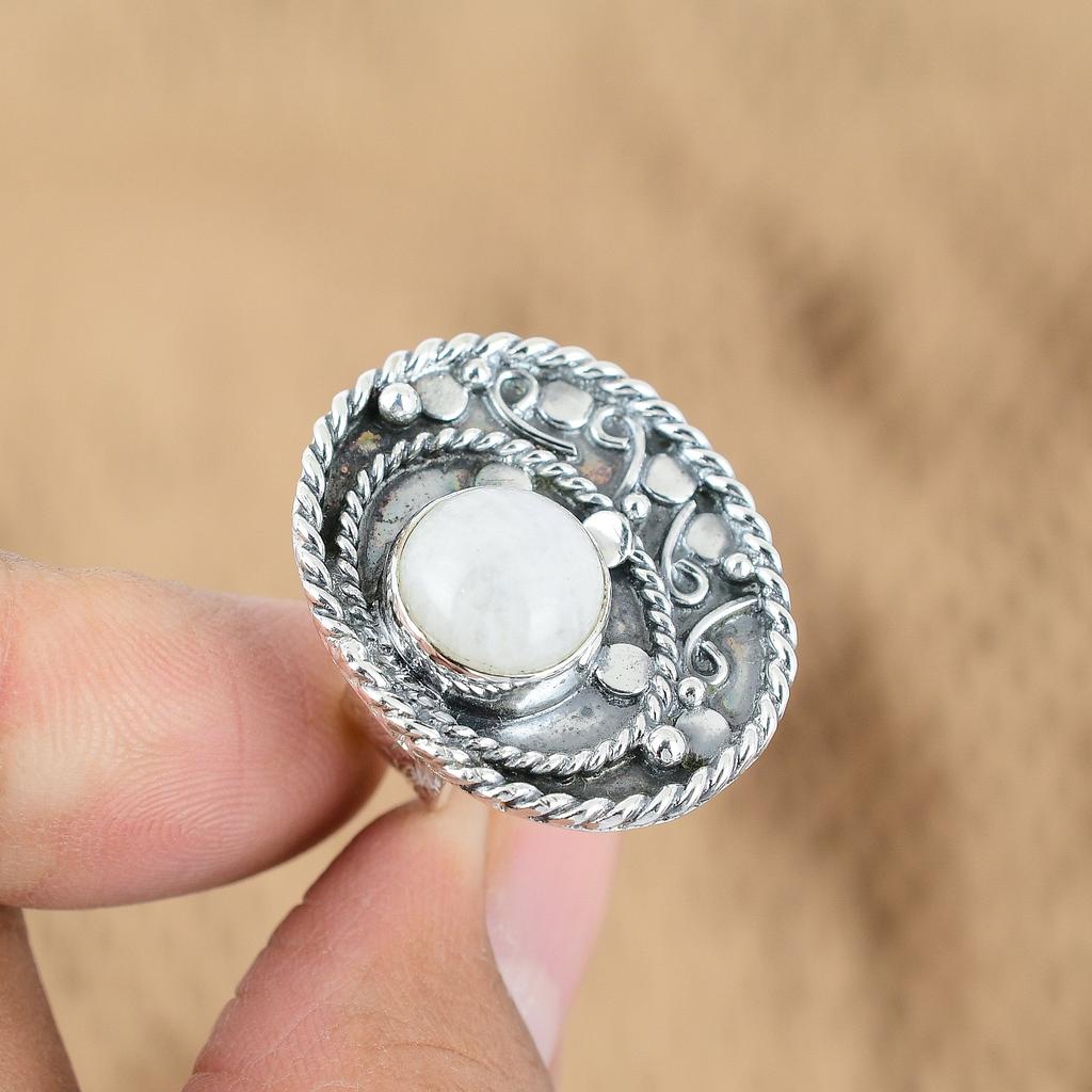 Sterling Silver Round Rainbow Moonstone Gemstone Promise Statement Daughter Ring