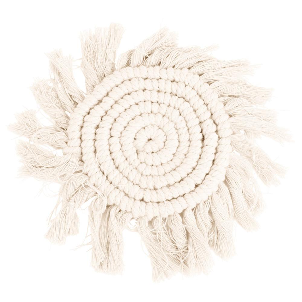 Handmade Round Placemat Woven Tassel Coaster Solid-color Cotton Tassel Mat Party Decor