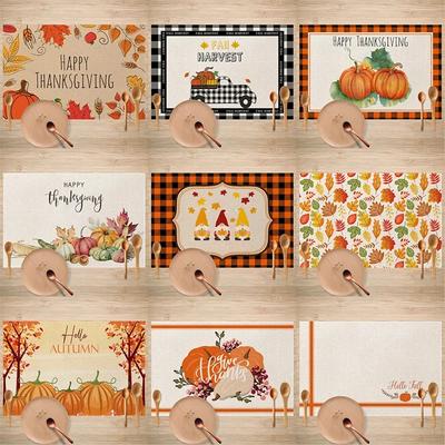 4/6/8Pcs Halloween Decorative Linen Dining Table Mats Kitchen Supplies Pumpkin Printed Placemat Tea Coaster Pads Bowl Cup Mats