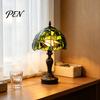 Decorative Lighting for Bar Retro Green Stained Glass Desk Lamp, Hand-Carved Resin Base Vintage Tiffany Style Lamp Table Light Bedroom Study Room And