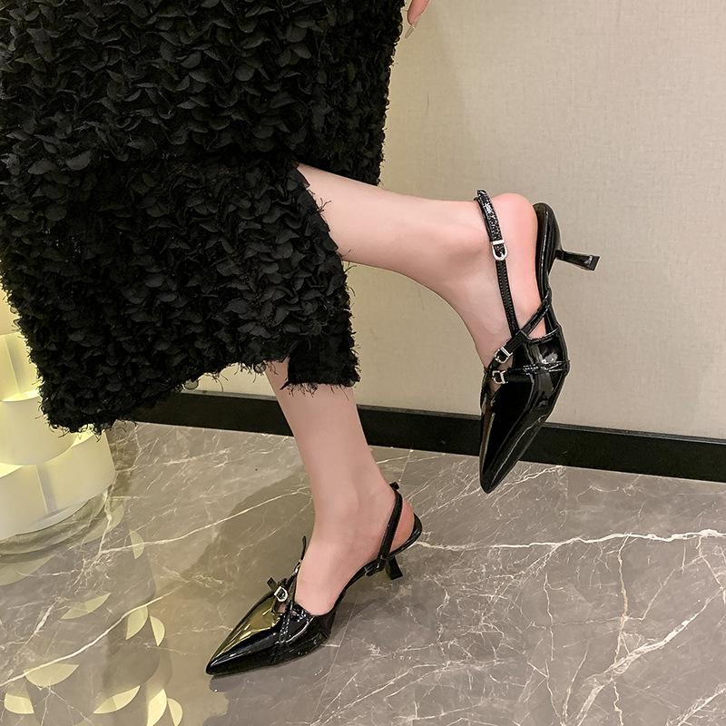 Black sexy word with bag head sandals women's 2024 summer new kitten heel buckle pointed high heel cool slippers