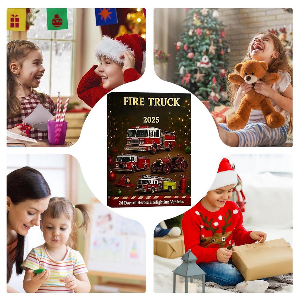 Fire Truck Advent Calendar 2025, 24 Days of Christmas Advent Calendar Boxes, 2D Flat Fire Engines, Ladder Trucks, Rescue Units, Vehicles Set Gift