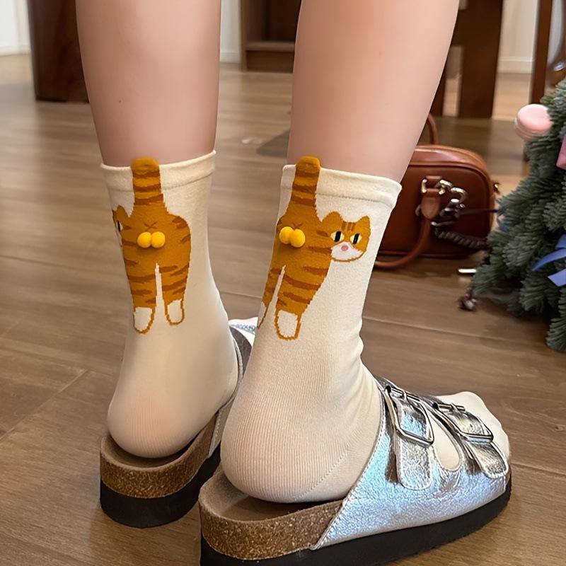 2 Pairs Cartoon Cute Cat Balls Cotton Socks Kawaii Lolita Knitting Socks Women Girls Middle Tube Sleep Sock Cat Print Floor Sock