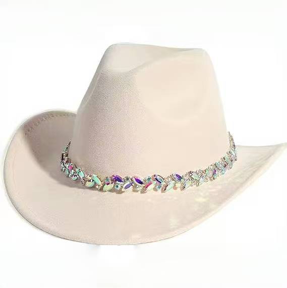 White felt western cowboy hat, sun hat, summer new hat, rhinestone women's top hat, British hat