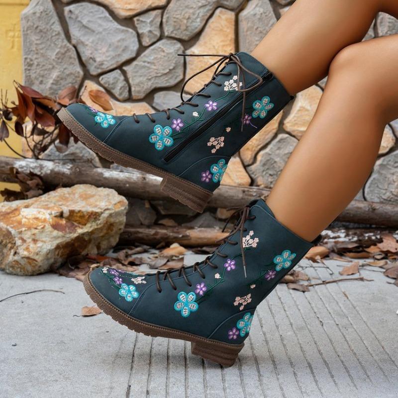 Large Size Medium Boots Women's Autumn and Winter Printed Lace-Up Martin Boots Women's Fashion Short Boots