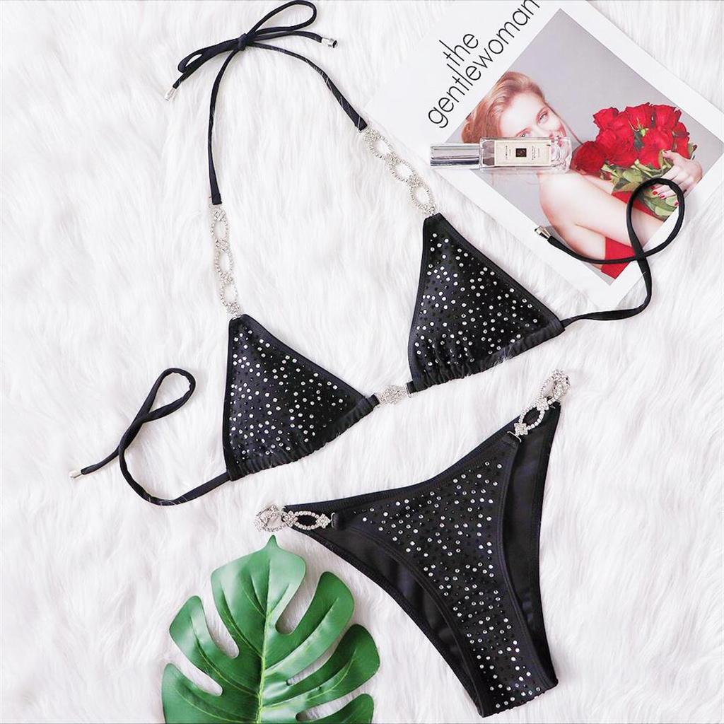 Bling Rhinestones Halter Bikini Dame Badetøy Dame Badedrakt Todelt Bikini sett Polstret Badedrakt Swim Lady
