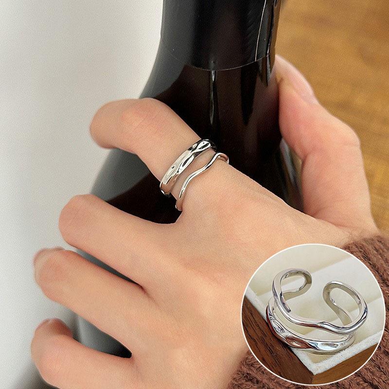 Bague de doigt ouverte vintage pour femme à double couche géométrique de style coréen plaquée argent S925