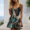 Women Plus Size Spaghetti Strap V Neck Sleeveless Fitted Waist Black Green Gold Abstract Swirl Short Dress