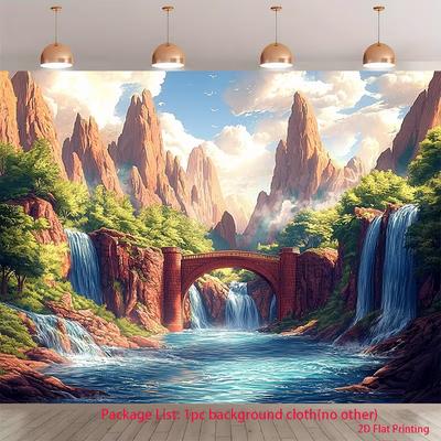 2D Mountain Waterfall Bridge Backdrop, Nature Landscape Photography Background